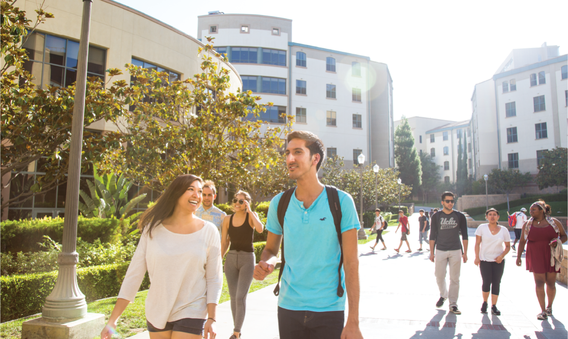 UCLA students walking in front of De Neve Plaza