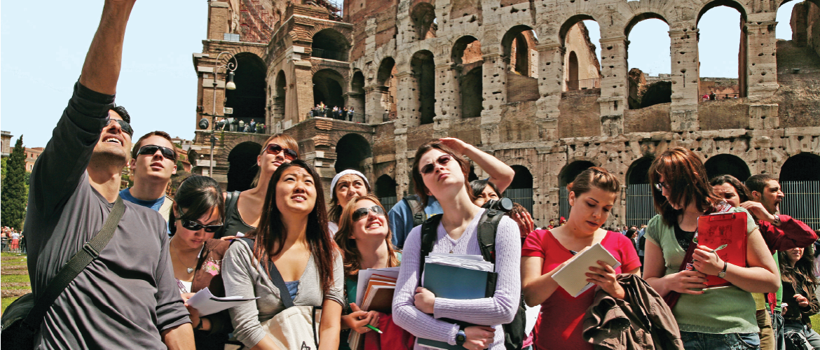 students studying abroad looking up